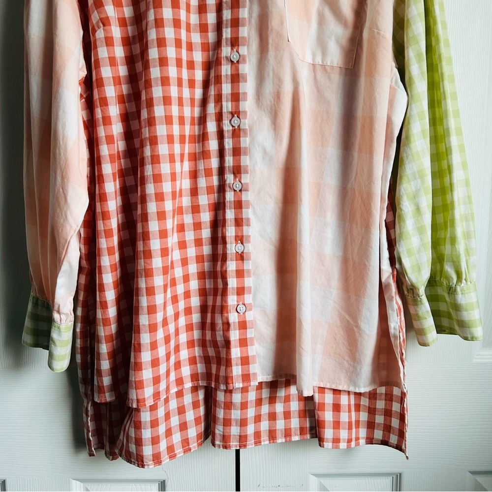 Cato high low gingham patchwork maximalist long sleeve button down shirt - Picture 3 of 8